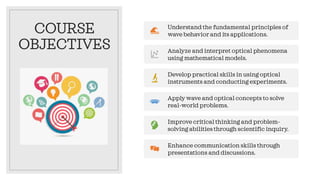COURSE
OBJECTIVES
Understand the fundamental principles of
wave behavior and its applications.
Analyze and interpret optical phenomena
using mathematical models.
Develop practical skills in using optical
instruments and conducting experiments.
Apply wave and optical concepts to solve
real-world problems.
Improve critical thinking and problem-
solving abilities through scientific inquiry.
Enhance communication skills through
presentations and discussions.
 