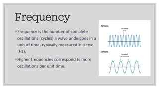 Frequency
◦ Frequency is the number of complete
oscillations (cycles) a wave undergoes in a
unit of time, typically measured in Hertz
(Hz).
◦ Higher frequencies correspond to more
oscillations per unit time.
 