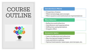 COURSE
OUTLINE
• Properties of waves
• Wave terminology and concepts
• Wave equation and mathematical representations
Introduction to Waves
• Reflection and refraction
• Interference and superposition
• Diffraction and polarization
• Doppler effect
Wave Behavior
• Laws of reflection and refraction
• Ray tracing and image formation
• Lens and mirror systems
• Optical instruments: telescopes, microscopes, etc.
Geometric Optics
 