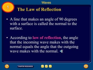 • A line that makes an angle of 90 degrees
with a surface is called the normal to the
surface.
The Law of Reflection
Waves
1
• According to law of reflection, the angle
that the incoming wave makes with the
normal equals the angle that the outgoing
wave makes with the normal.
 