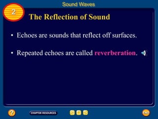 The Reflection of Sound
• Echoes are sounds that reflect off surfaces.
Sound Waves
2
• Repeated echoes are called reverberation.
 