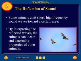 The Reflection of Sound
Sound Waves
2
• By interpreting the
reflected waves, the
animals can locate
and determine
properties of other
animals.
• Some animals emit short, high frequency
sound waves toward a certain area.
 