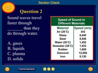 2
Section Check
Question 2
Sound waves travel
faster through
_______ than they
do through water.
A. gases
B. liquids
C. plasma
D. solids
 