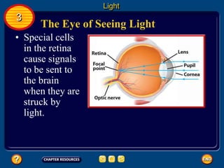 The Eye of Seeing Light
• Special cells
in the retina
cause signals
to be sent to
the brain
when they are
struck by
light.
Light
3
 