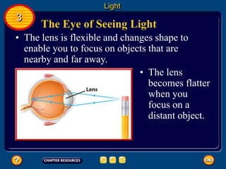 The Eye of Seeing Light
• The lens is flexible and changes shape to
enable you to focus on objects that are
nearby and far away.
Light
3
• The lens
becomes flatter
when you
focus on a
distant object.
 