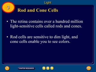 Rod and Cone Cells
• The retina contains over a hundred million
light-sensitive cells called rods and cones.
Light
3
• Rod cells are sensitive to dim light, and
cone cells enable you to see colors.
 