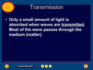 Transmission
• Only a small amount of light is
absorbed when waves are transmitted.
Most of the wave passes through the
medium (matter).
 