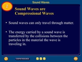 Sound Waves are
Compressional Waves
• Sound waves can only travel through matter.
• The energy carried by a sound wave is
transferred by the collisions between the
particles in the material the wave is
traveling in.
Sound Waves
2
 