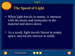 The Speed of Light
• When light travels in matter, it interacts
with the atoms and molecules in the
material and slows down.
• As a result, light travels fastest in empty
space, and travels slowest in solids.
Light
3
 