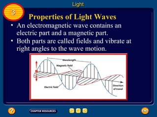 Properties of Light Waves
• An electromagnetic wave contains an
electric part and a magnetic part.
• Both parts are called fields and vibrate at
right angles to the wave motion.
Light
3
 