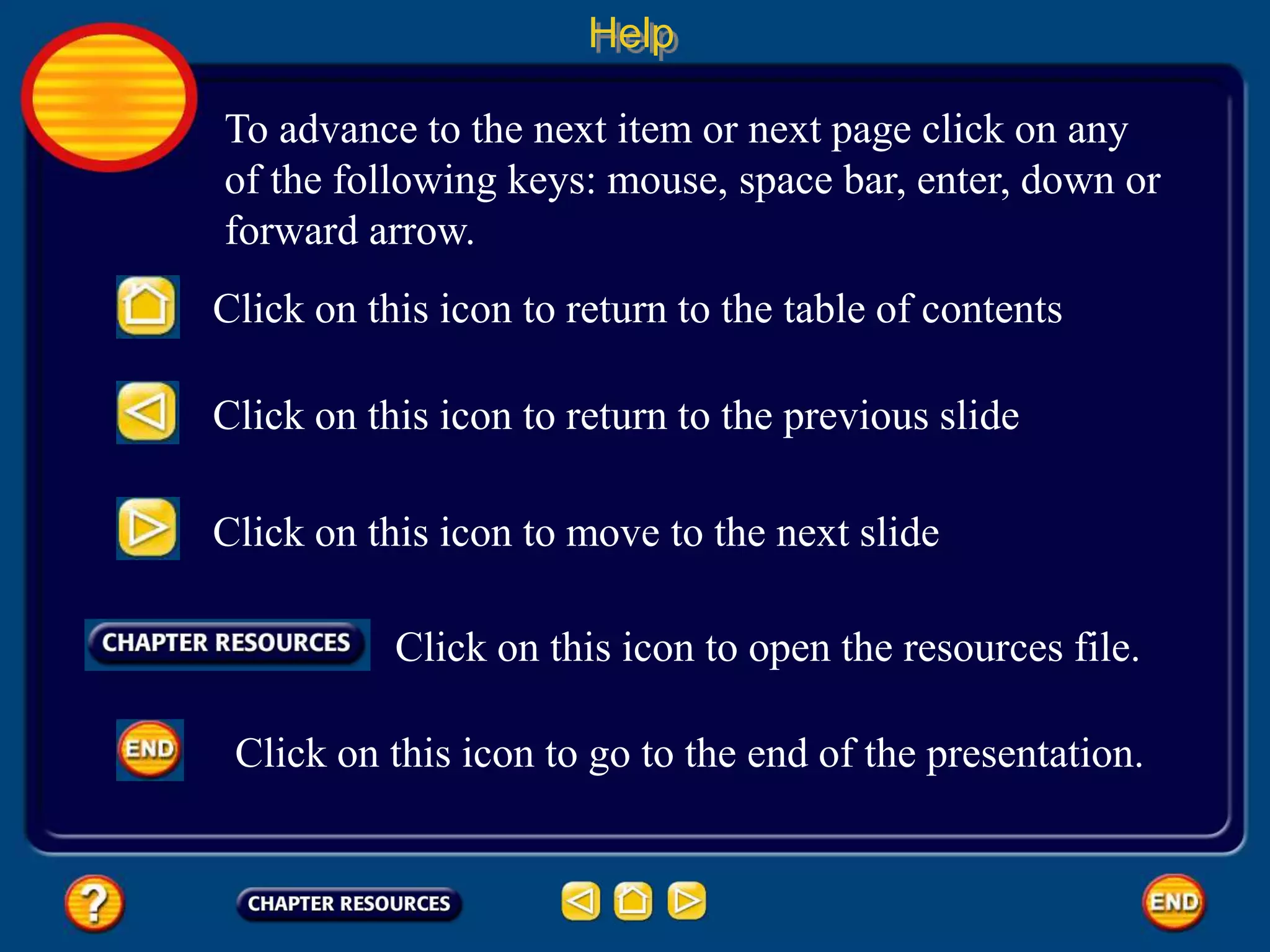 To advance to the next item or next page click on any
of the following keys: mouse, space bar, enter, down or
forward arrow.
Click on this icon to return to the table of contents
Click on this icon to return to the previous slide
Click on this icon to move to the next slide
Click on this icon to open the resources file.
Help
Click on this icon to go to the end of the presentation.
 