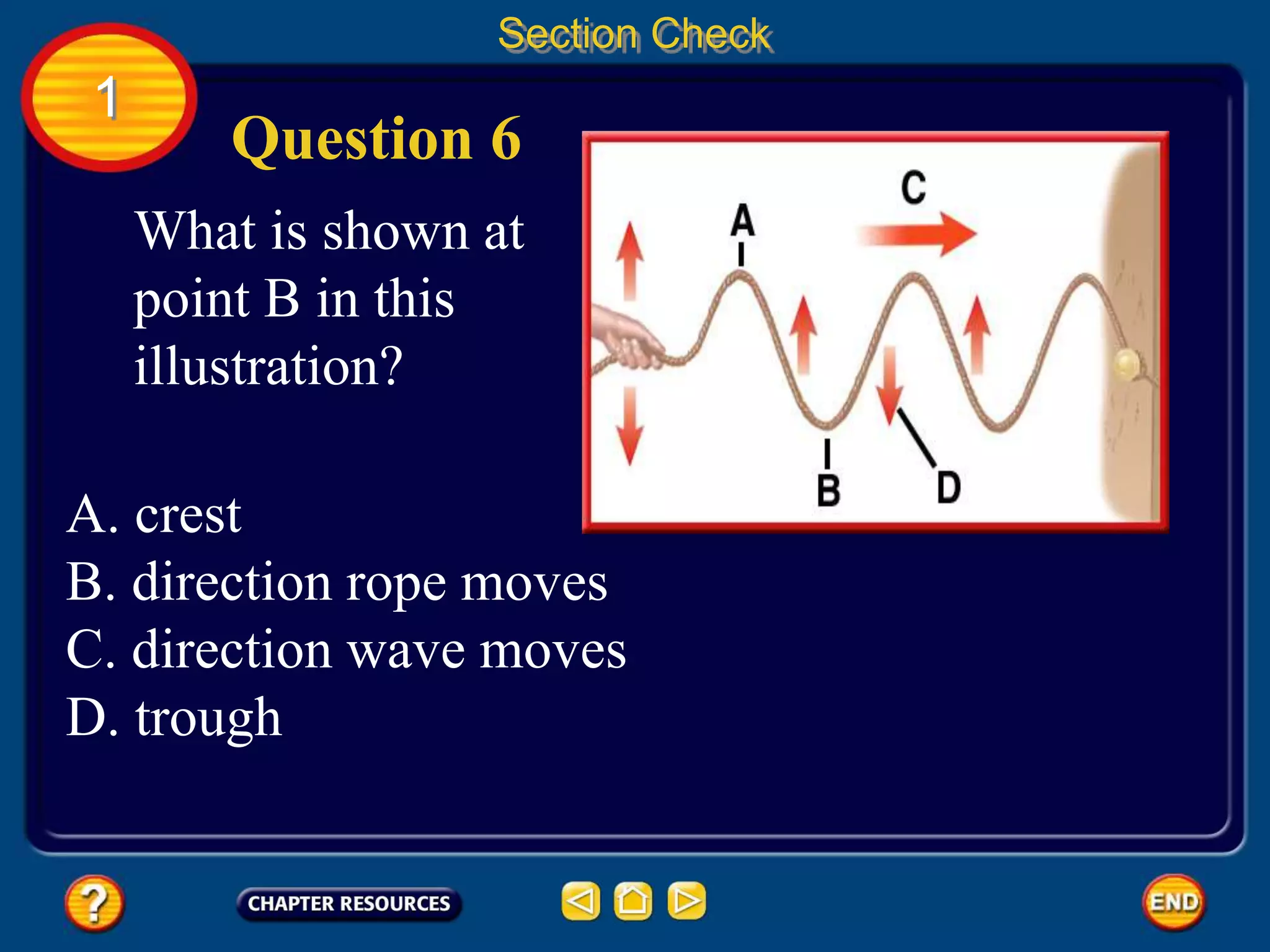 1
Section Check
A. crest
B. direction rope moves
C. direction wave moves
D. trough
Question 6
What is shown at
point B in this
illustration?
 