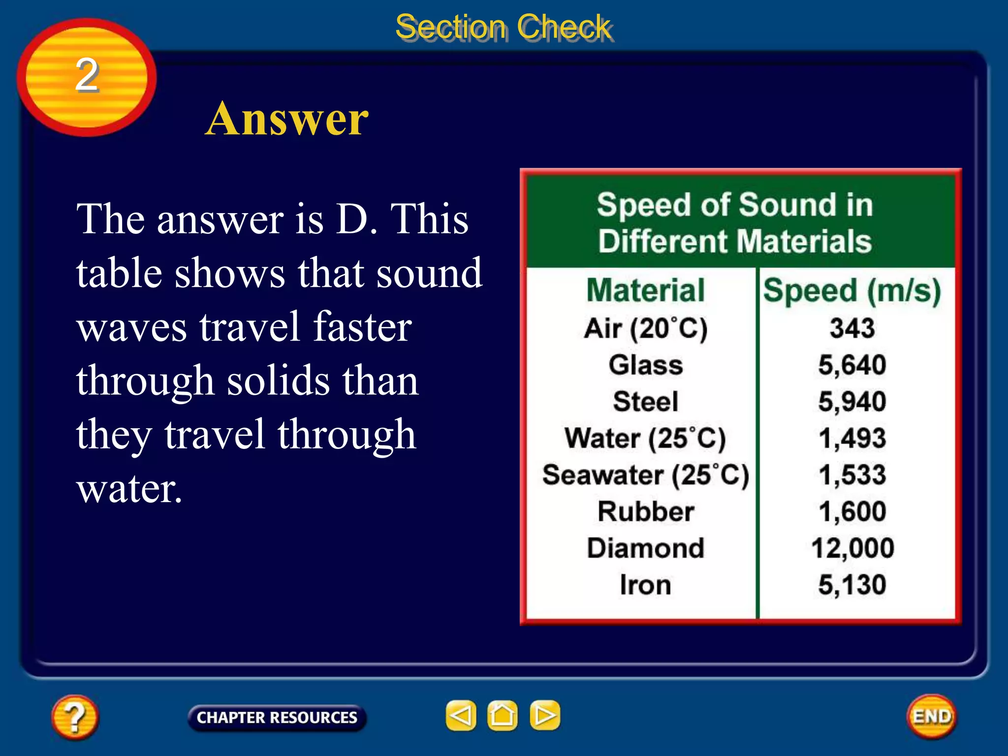 2
Section Check
Answer
The answer is D. This
table shows that sound
waves travel faster
through solids than
they travel through
water.
 