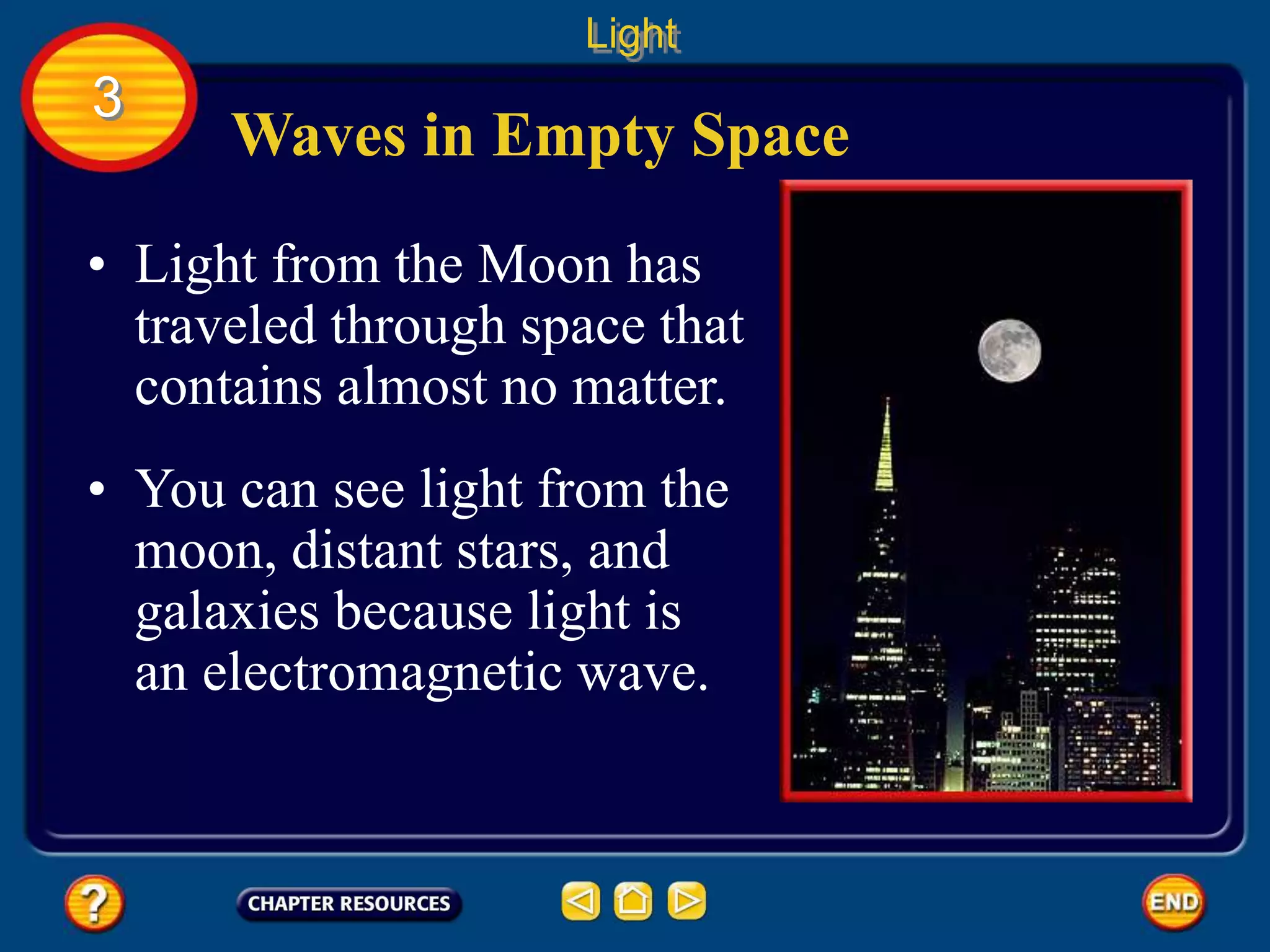 Waves in Empty Space
• Light from the Moon has
traveled through space that
contains almost no matter.
• You can see light from the
moon, distant stars, and
galaxies because light is
an electromagnetic wave.
Light
3
 