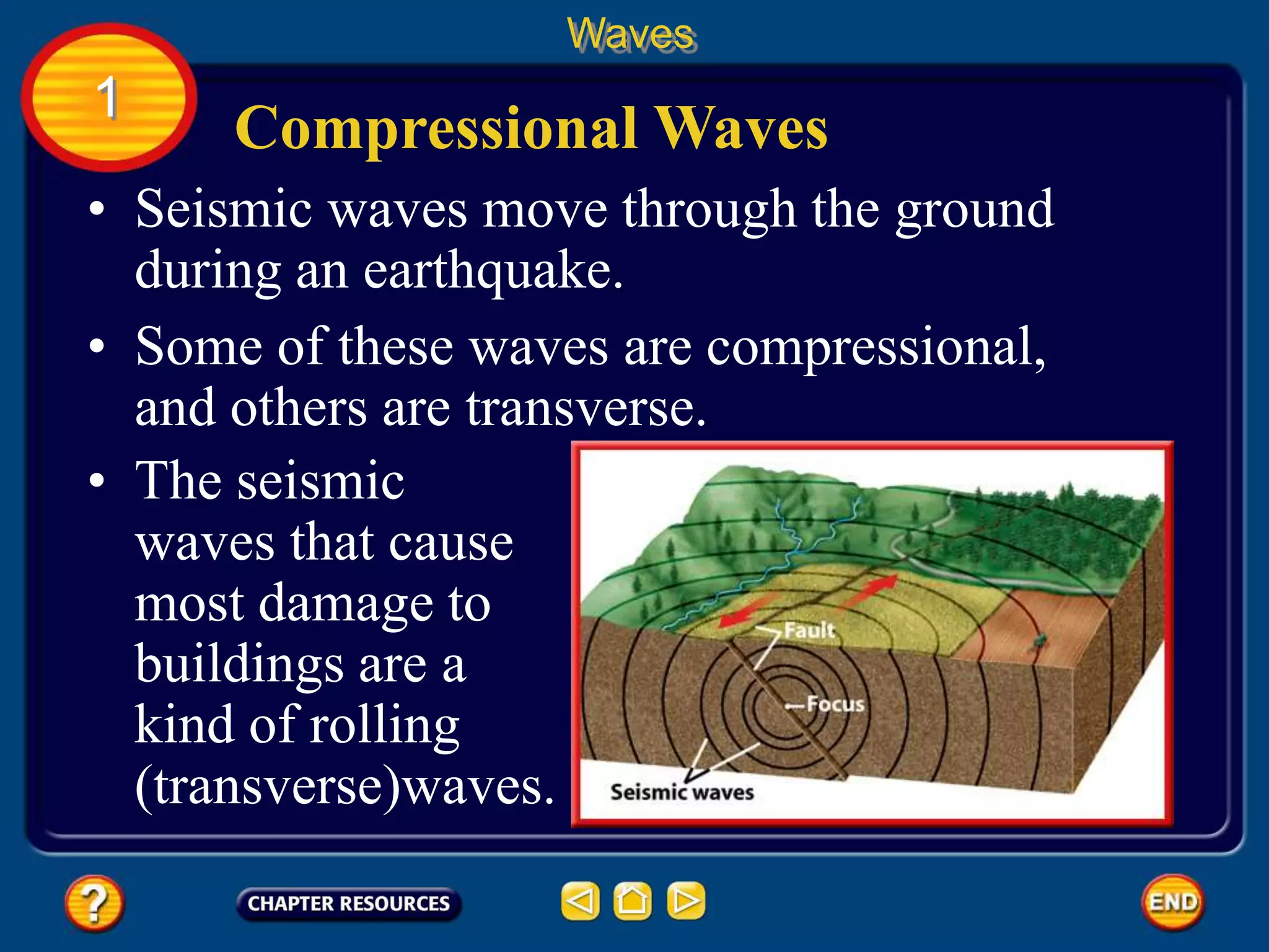 • Seismic waves move through the ground
during an earthquake.
Compressional Waves
Waves
1
• Some of these waves are compressional,
and others are transverse.
• The seismic
waves that cause
most damage to
buildings are a
kind of rolling
(transverse)waves.
 