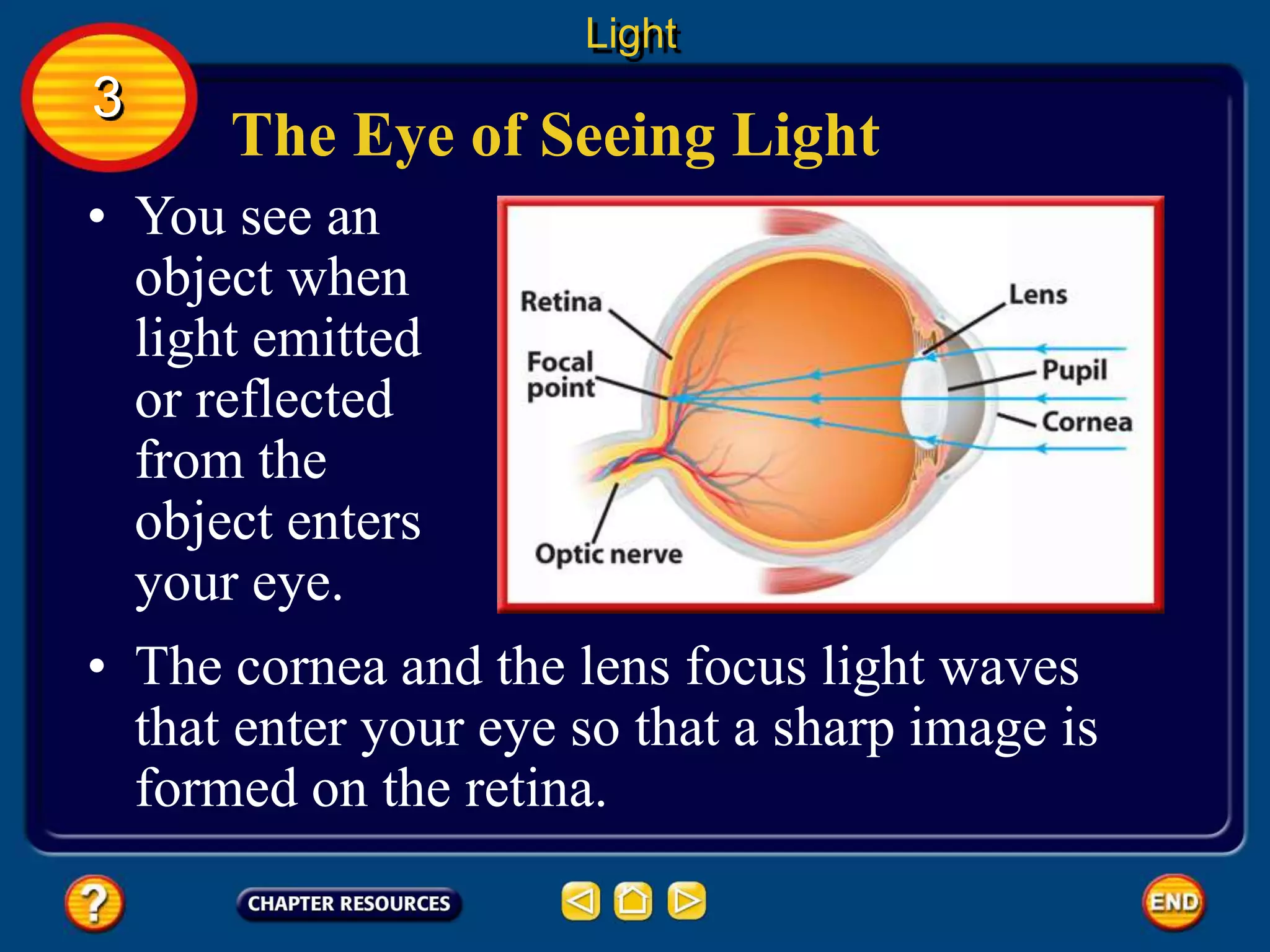 The Eye of Seeing Light
• You see an
object when
light emitted
or reflected
from the
object enters
your eye.
Light
3
• The cornea and the lens focus light waves
that enter your eye so that a sharp image is
formed on the retina.
 