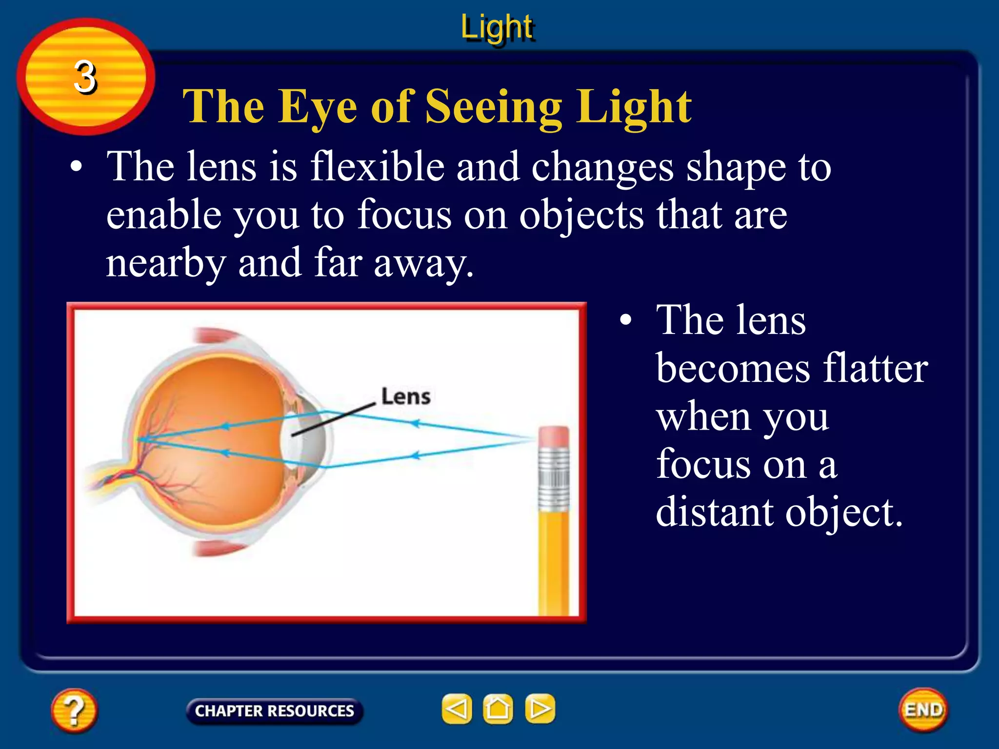 The Eye of Seeing Light
• The lens is flexible and changes shape to
enable you to focus on objects that are
nearby and far away.
Light
3
• The lens
becomes flatter
when you
focus on a
distant object.
 