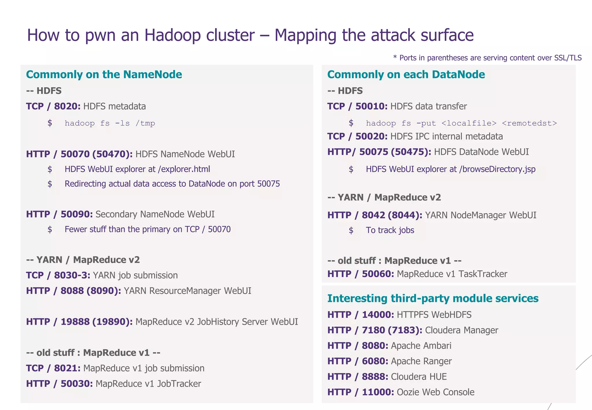© WAVESTONE 16
How to pwn an Hadoop cluster – Mapping the attack surface
Commonly on the NameNode
-- HDFS
TCP / 8020: HDFS metadata
$ hadoop fs -ls /tmp
HTTP / 50070 (50470): HDFS NameNode WebUI
$ HDFS WebUI explorer at /explorer.html
$ Redirecting actual data access to DataNode on port 50075
HTTP / 50090: Secondary NameNode WebUI
$ Fewer stuff than the primary on TCP / 50070
-- YARN / MapReduce v2
TCP / 8030-3: YARN job submission
HTTP / 8088 (8090): YARN ResourceManager WebUI
HTTP / 19888 (19890): MapReduce v2 JobHistory Server WebUI
-- old stuff : MapReduce v1 --
TCP / 8021: MapReduce v1 job submission
HTTP / 50030: MapReduce v1 JobTracker
Commonly on each DataNode
-- HDFS
TCP / 50010: HDFS data transfer
$ hadoop fs -put <localfile> <remotedst>
TCP / 50020: HDFS IPC internal metadata
HTTP/ 50075 (50475): HDFS DataNode WebUI
$ HDFS WebUI explorer at /browseDirectory.jsp
-- YARN / MapReduce v2
HTTP / 8042 (8044): YARN NodeManager WebUI
$ To track jobs
-- old stuff : MapReduce v1 --
HTTP / 50060: MapReduce v1 TaskTracker
* Ports in parentheses are serving content over SSL/TLS
Interesting third-party module services
HTTP / 14000: HTTPFS WebHDFS
HTTP / 7180 (7183): Cloudera Manager
HTTP / 8080: Apache Ambari
HTTP / 6080: Apache Ranger
HTTP / 8888: Cloudera HUE
HTTP / 11000: Oozie Web Console
 