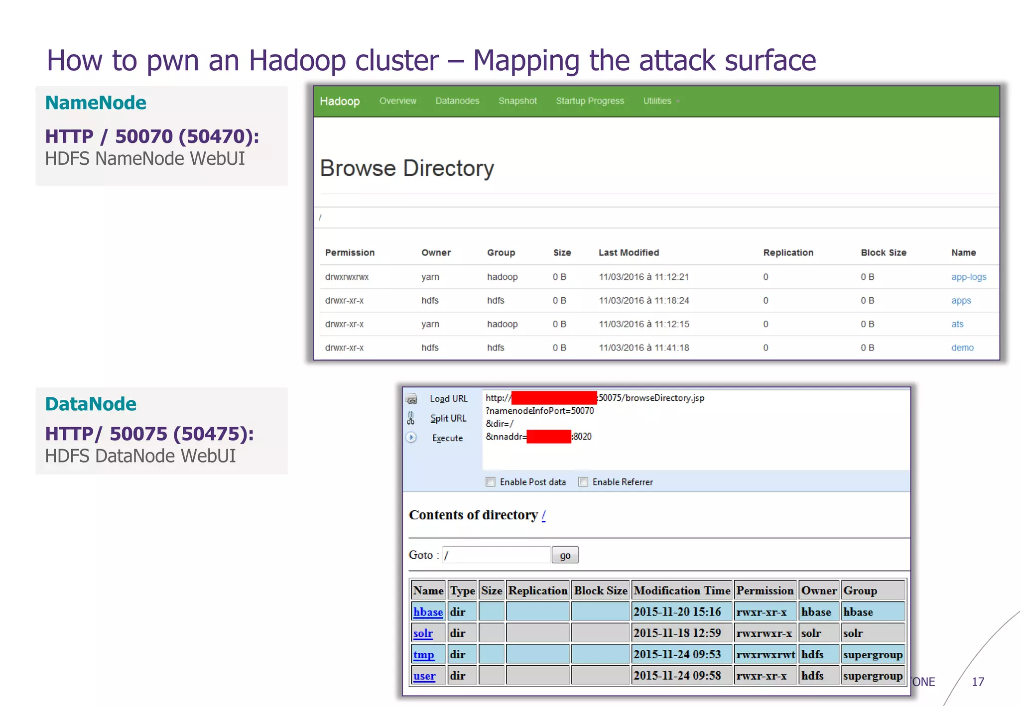 © WAVESTONE 17
How to pwn an Hadoop cluster – Mapping the attack surface
NameNode
HTTP / 50070 (50470):
HDFS NameNode WebUI
DataNode
HTTP/ 50075 (50475):
HDFS DataNode WebUI
 