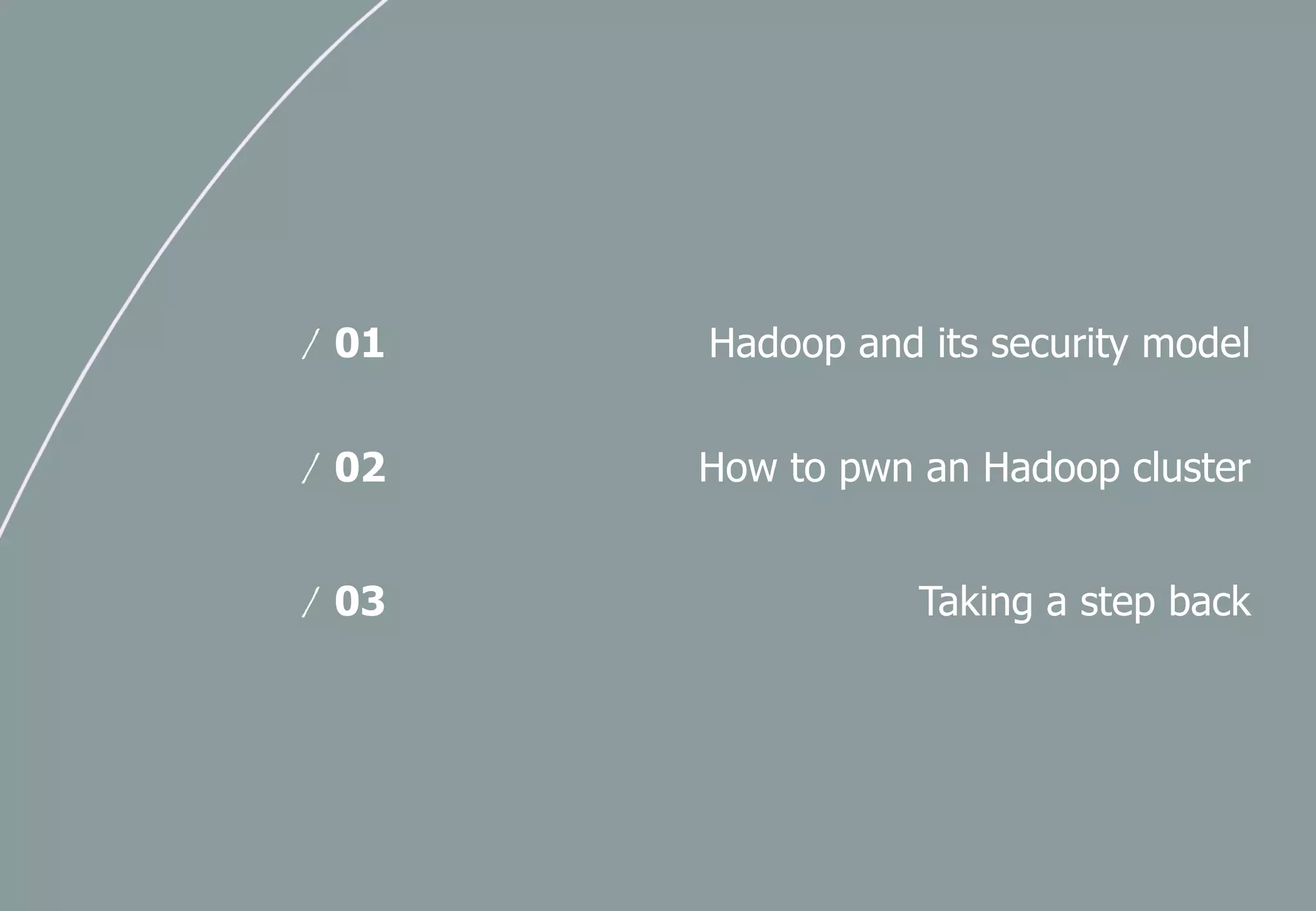 Hadoop and its security model/ 01
How to pwn an Hadoop cluster/ 02
Taking a step back/ 03
 