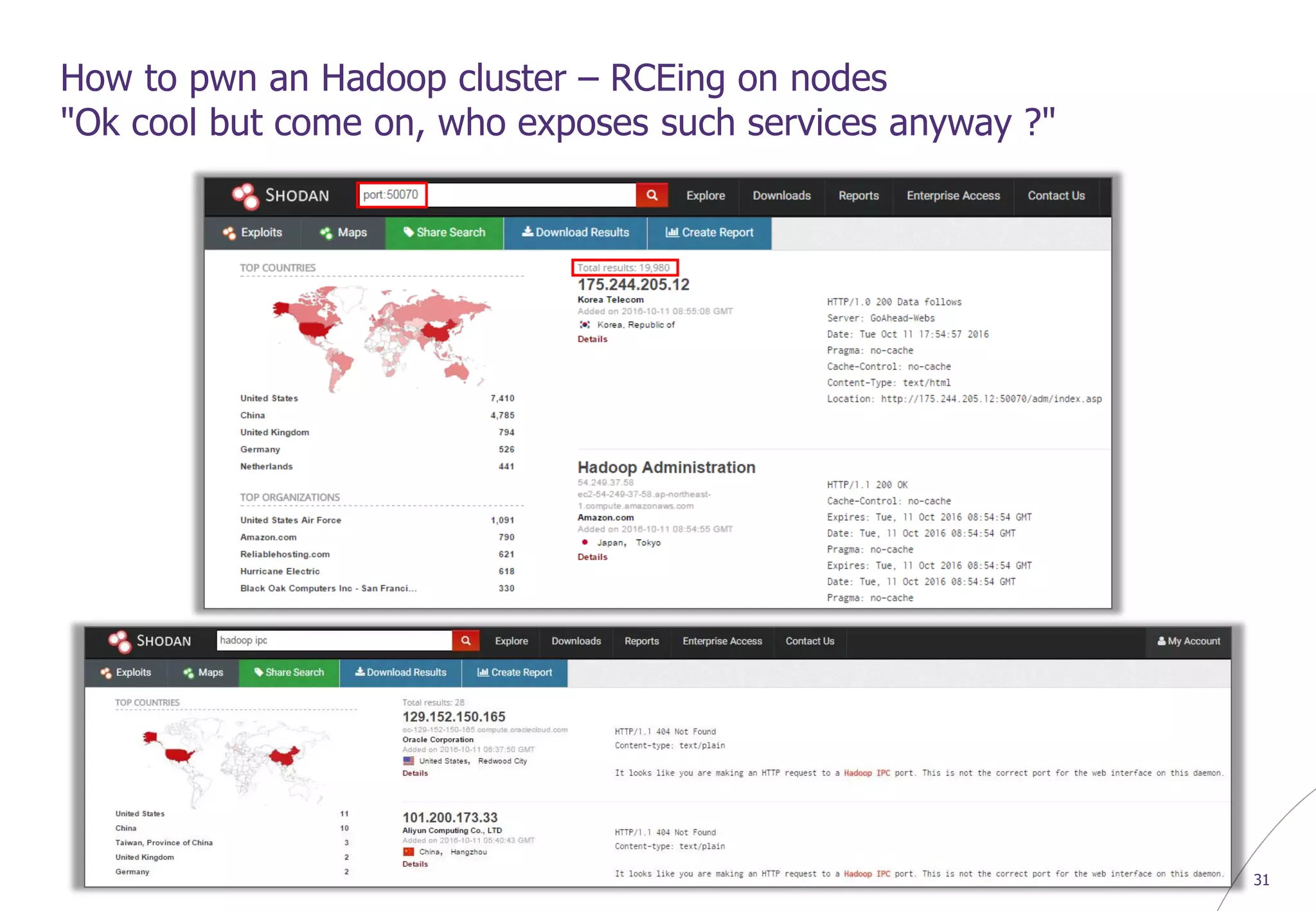© WAVESTONE 31
How to pwn an Hadoop cluster – RCEing on nodes
"Ok cool but come on, who exposes such services anyway ?"
 