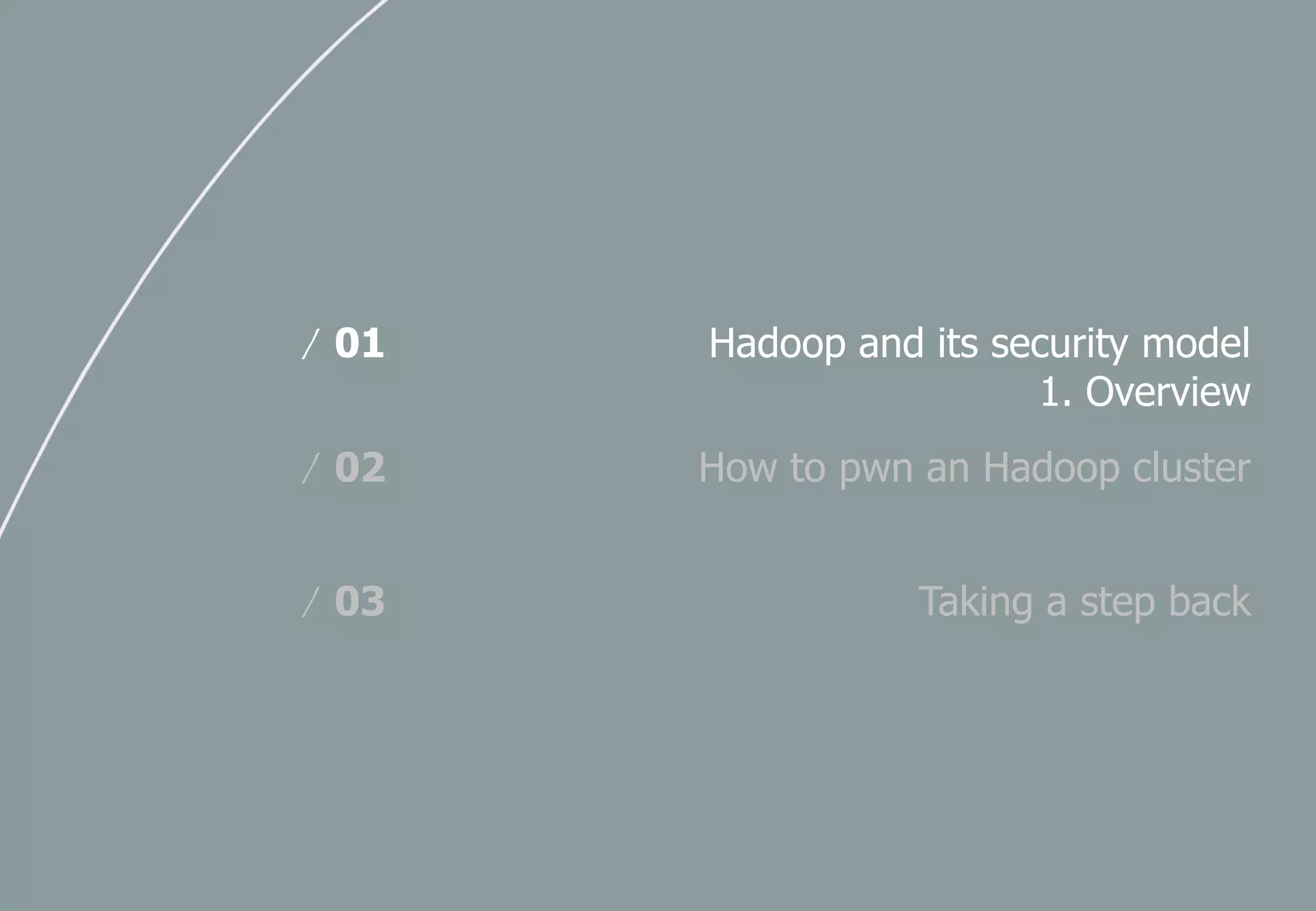 Hadoop and its security model
1. Overview
/ 01
How to pwn an Hadoop cluster/ 02
Taking a step back/ 03
 