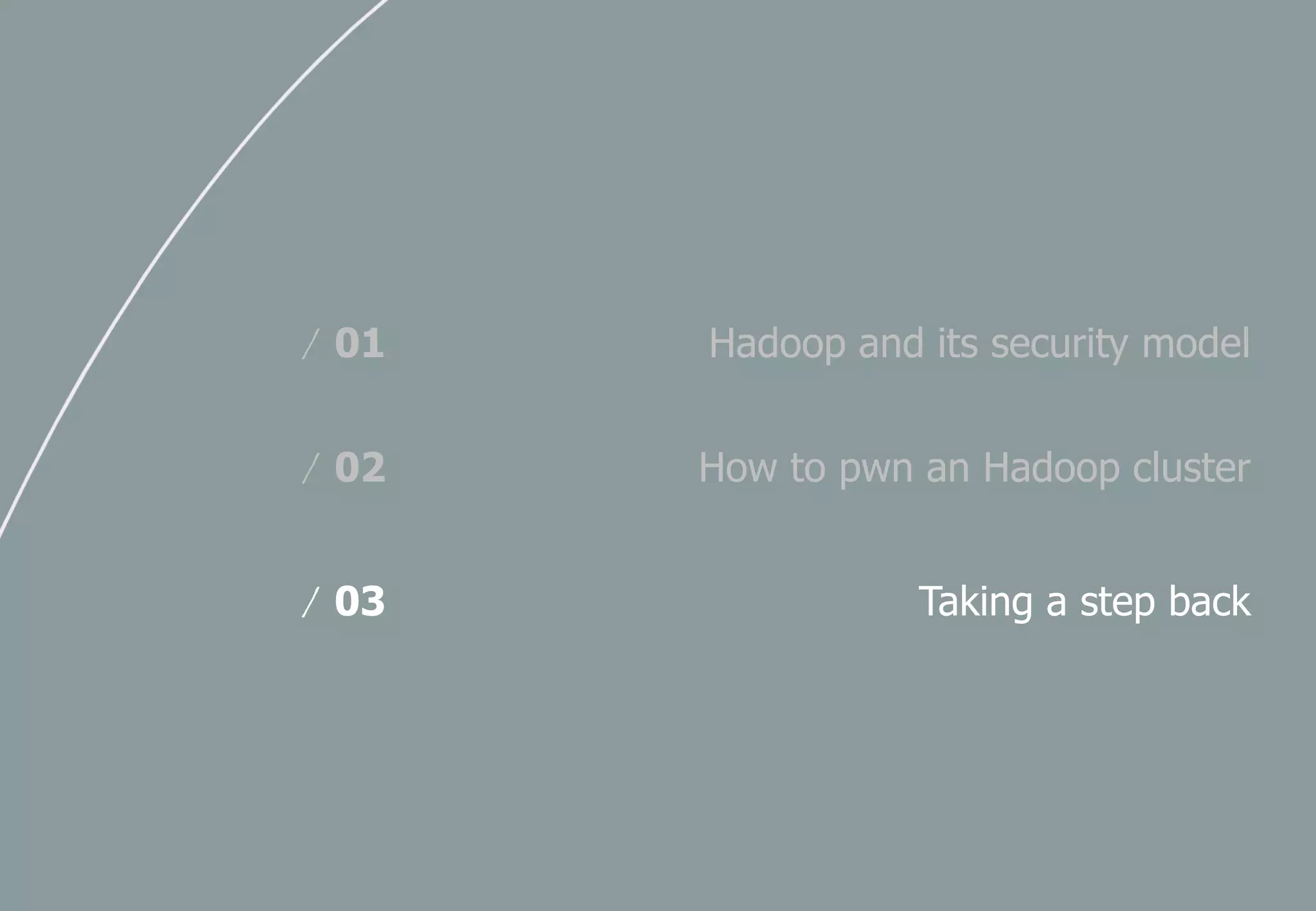 Hadoop and its security model/ 01
How to pwn an Hadoop cluster/ 02
Taking a step back/ 03
 