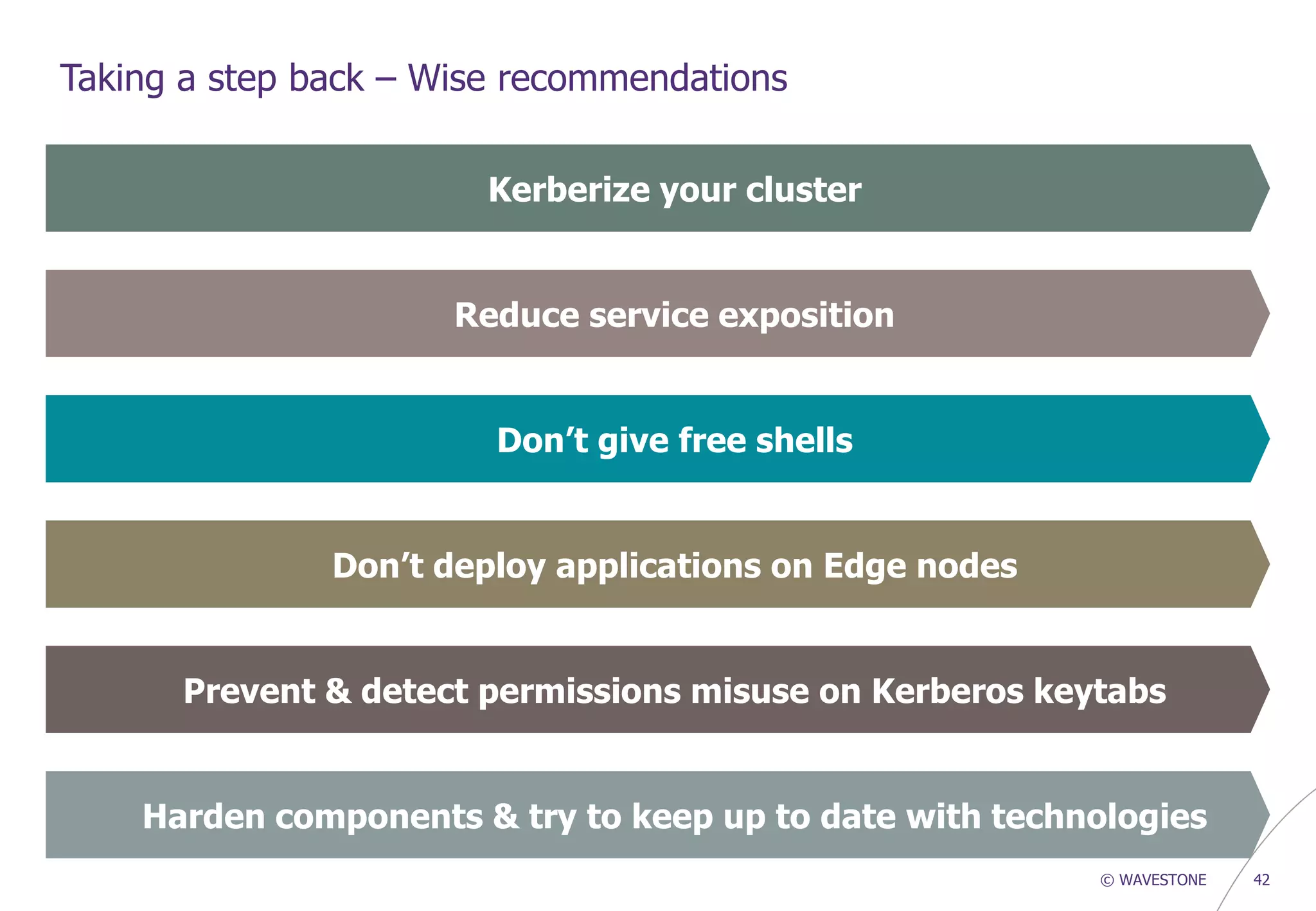 © WAVESTONE 42
Taking a step back – Wise recommendations
Kerberize your cluster
Reduce service exposition
Don’t give free shells
Harden components & try to keep up to date with technologies
Don’t deploy applications on Edge nodes
Prevent & detect permissions misuse on Kerberos keytabs
 