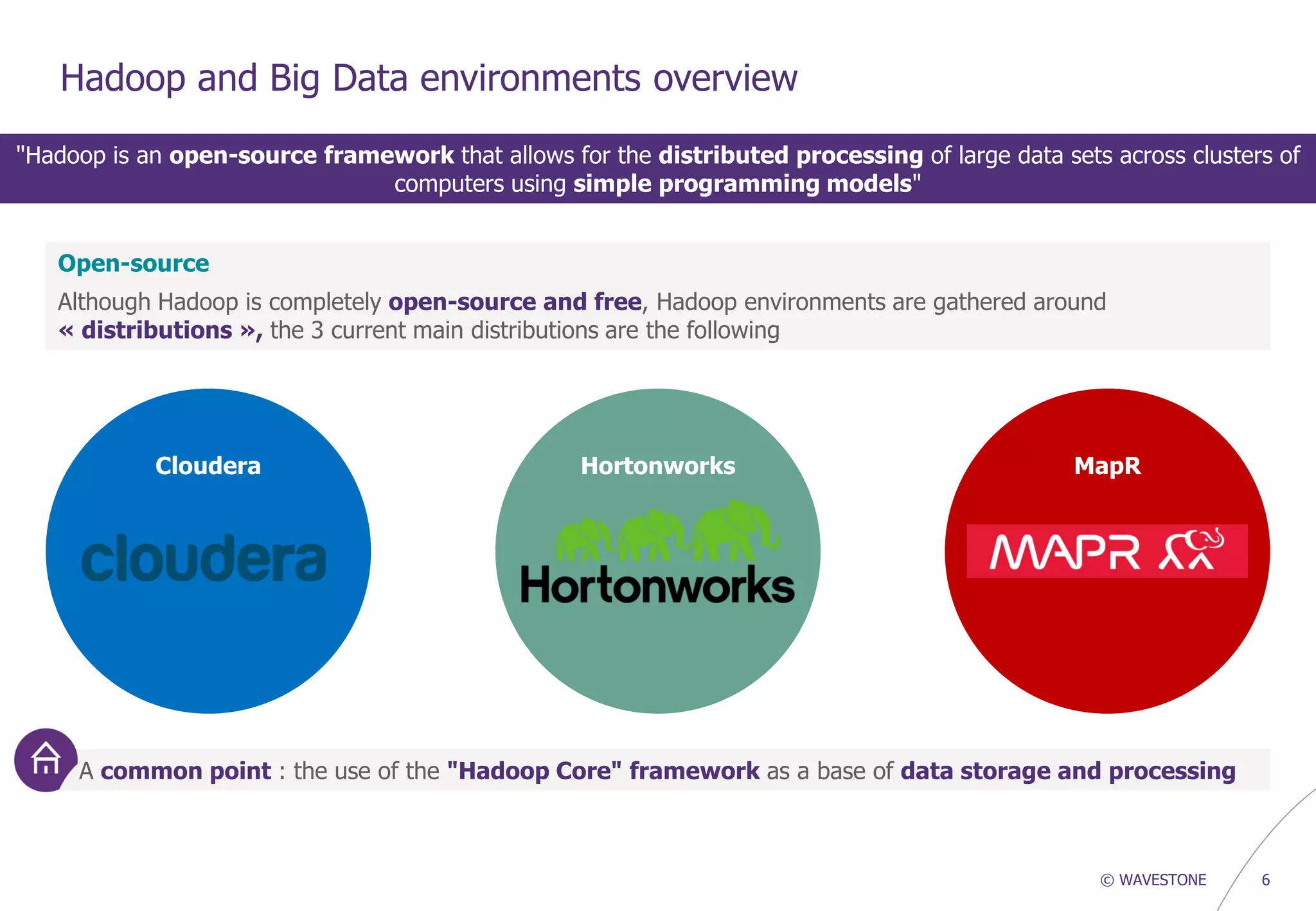 © WAVESTONE 6
Hadoop and Big Data environments overview
"Hadoop is an open-source framework that allows for the distributed processing of large data sets across clusters of
computers using simple programming models"
Open-source
Although Hadoop is completely open-source and free, Hadoop environments are gathered around
« distributions », the 3 current main distributions are the following
Cloudera Hortonworks MapR
A common point : the use of the "Hadoop Core" framework as a base of data storage and processing
 