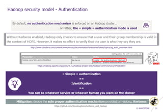 © WAVESTONE 11
Hadoop security model - Authentication
By default, no authentication mechanism is enforced on an Hadoop cluster…
…or rather, the « simple » authentication mode is used
http://www.cloudera.com/content/www/en-us/documentation/enterprise/latest/topics/sg_auth_overview.html
« Simple » authentication
==
Identification
==
You can be whatever service or whoever human you want on the cluster
https://hadoop.apache.org/docs/r2.7.2/hadoop-project-dist/hadoop-common/SecureMode.html
Mitigation: deploy the sole proper authentication mechanism provided by Hadoop, Kerberos
https://github.com/steveloughran/kerberos_and_hadoop
 