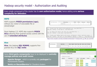© WAVESTONE 12
Hadoop security model - Authorization and Auditing
Every single component of the cluster has its own authorization model, hence adding some serious
complexity for defenders
HDFS
HDFS supports POSIX permissions (ugo),
without any notion of executable file or
setuid/setgid
Since Hadoop 2.5, HDFS also supports POSIX
ACLs allowing finer-grained access control with the
use of extended attributes
https://www.cloudera.com/documentation/enterprise/5-3-x/topics/cdh_sg_hdfs_ext_acls.html
Hive
Hive, the Hadoop SQL RDBMS, supports fine-
grained ACLs for SQL verbs
Some third-party components have to be deployed to centrally
manage policies and audit traces:
/ Apache Ranger…which is currently only packaged for
Hortonworks clusters
/ Sentry or RecordService for Cloudera clusters
 