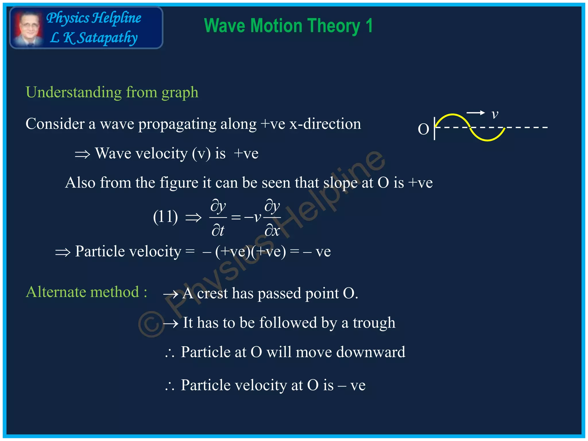 Physics Helpline
L K Satapathy
Wave Motion Theory 1
O
v
Consider a wave propagating along +ve x-direction
Also from the figure it can be seen that slope at O is +ve
 A crest has passed point O.
 Particle velocity = – (+ve)(+ve) = – ve
 It has to be followed by a trough
Understanding from graph
 Wave velocity (v) is +ve
(11)
y y
v
t x
 
  
 
Alternate method :
 Particle at O will move downward
 Particle velocity at O is – ve
 