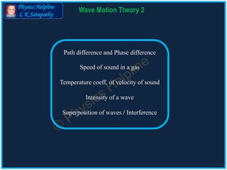 Physics Helpline
L K Satapathy
Wave Motion Theory 2
Path difference and Phase difference
Speed of sound in a gas
Temperature coeff. of velocity of sound
Intensity of a wave
Superposition of waves / Interference
 