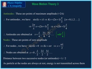 Physics Helpline
L K Satapathy
Wave Motion Theory 3
Antinodes : These are points of maximum amplitude (=2A)
 For antinodes , we have sin 1 (2 1) [ 0,1,2 . . . ]
2
Kx Kx n n

     
2
(2 1) (2 1)
2 4
x n x n
  

     
 Antinodes are obtained at
3 5
, , . . .
4 4 44
oddx
    
 
 

Nodes : These are points of zero amplitude
 For nodes , we have sin 0
2
n
Kx Kx n x

    
 Nodes are obtained at
2 3
0 , , , . . .
2 2 2
x
  

Distance between two successive nodes (or antinodes) =  / 2
As particle at the nodes are always at rest, energy is not transmitted across them
 