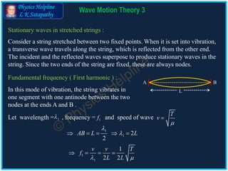 Physics Helpline
L K Satapathy
Wave Motion Theory 3
Stationary waves in stretched strings :
Consider a string stretched between two fixed points. When it is set into vibration,
a transverse wave travels along the string, which is reflected from the other end.
The incident and the reflected waves superpose to produce stationary waves in the
string. Since the two ends of the string are fixed, these are always nodes.
Fundamental frequency ( First harmonic ) :
L
A B
In this mode of vibration, the string vibrates in
one segment with one antinode between the two
nodes at the ends A and B .
Let wavelength = , frequency = and speed of wave1 1f
T
v


1
1 2
2
AB L L

    
1
1
1
2 2
v v T
f
L L 
   
 