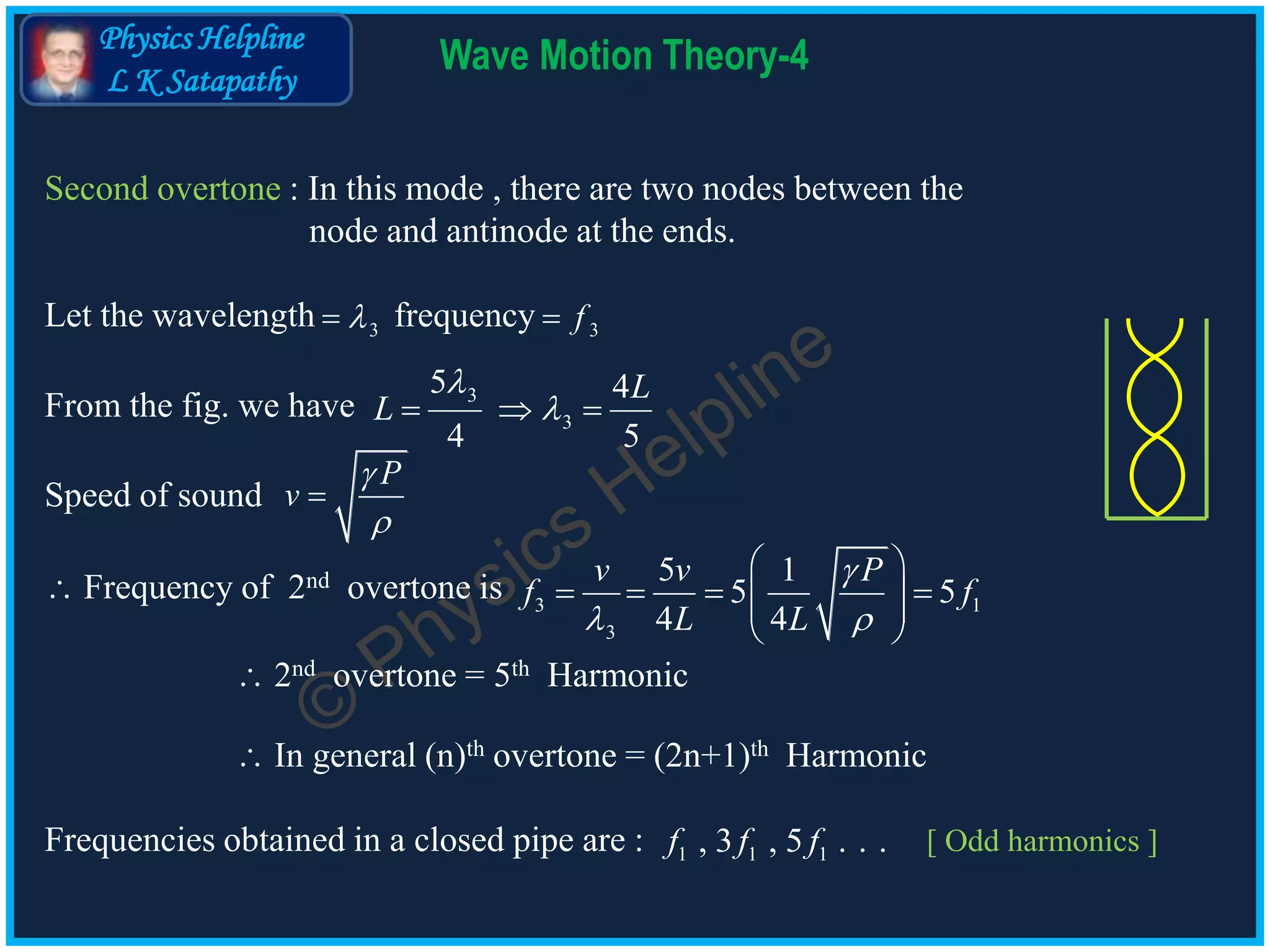 Physics Helpline
L K Satapathy
Wave Motion Theory-4
Second overtone : In this mode , there are two nodes between the
node and antinode at the ends.
Let the wavelength frequency3 3f
From the fig. we have 3
3
5 4
4 5
L
L

  
 Frequency of 2nd overtone is 3 1
3
5 1
5 5
4 4
v v P
f f
L L

 
 
     
 
 2nd overtone = 5th Harmonic
P
v



 In general (n)th overtone = (2n+1)th Harmonic
Frequencies obtained in a closed pipe are : [ Odd harmonics ]1 1 1, 3 , 5 . . .f f f
Speed of sound
 