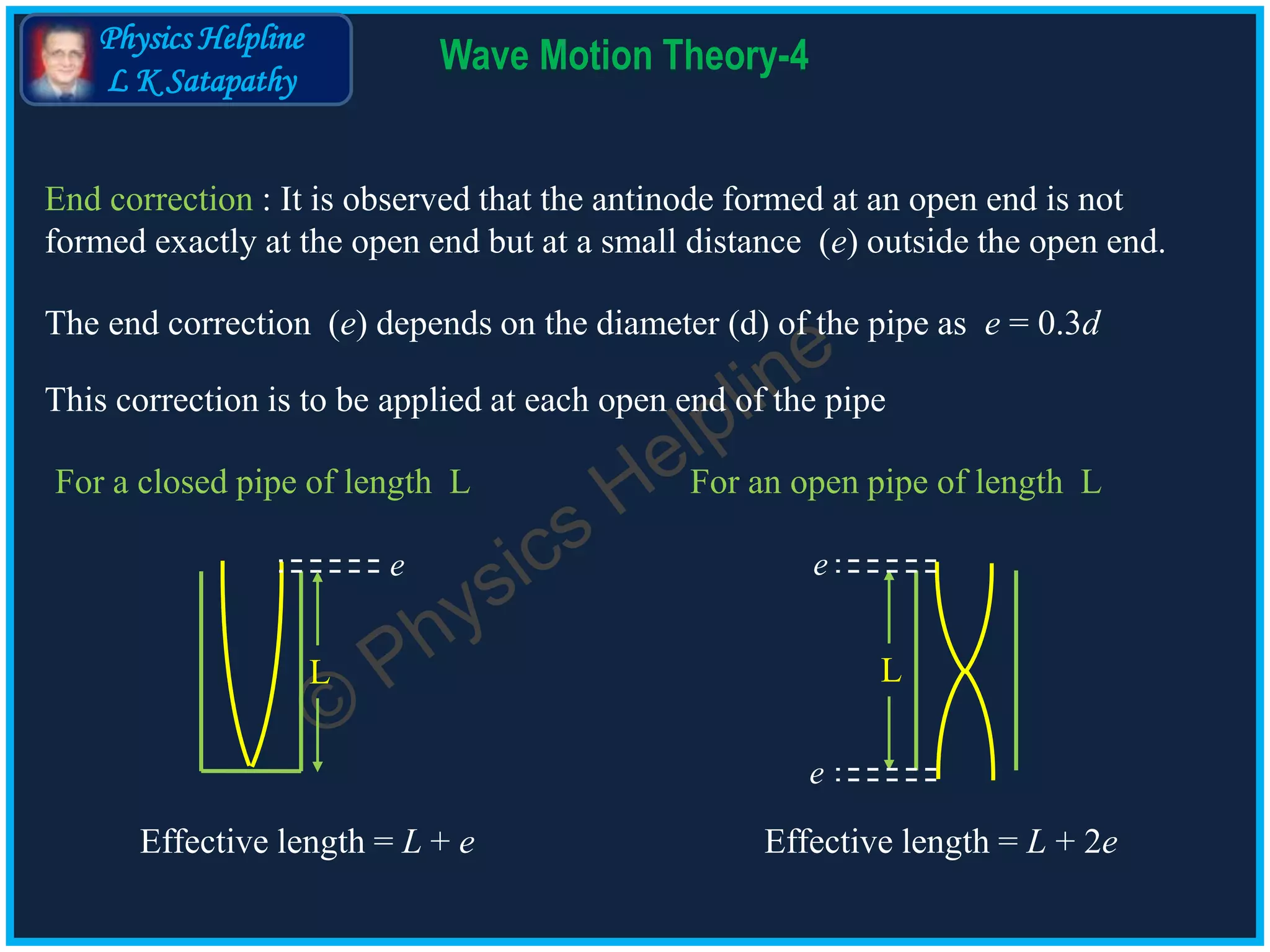 Physics Helpline
L K Satapathy
Wave Motion Theory-4
End correction : It is observed that the antinode formed at an open end is not
formed exactly at the open end but at a small distance (e) outside the open end.
The end correction (e) depends on the diameter (d) of the pipe as e = 0.3d
This correction is to be applied at each open end of the pipe
Effective length = L + e
For a closed pipe of length L For an open pipe of length L
Effective length = L + 2e
L
e
L
e
e
 