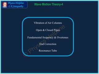 Physics Helpline
L K Satapathy
Wave Motion Theory-4
Vibration of Air Columns
Open & Closed Pipes
Fundamental frequency & Overtones
End Correction
Resonance Tube
 