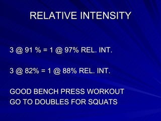 RELATIVE INTENSITY 3 @ 91 % = 1 @ 97% REL. INT. 3 @ 82% = 1 @ 88% REL. INT. GOOD BENCH PRESS WORKOUT GO TO DOUBLES FOR SQUATS 