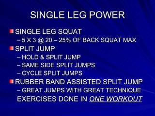 SINGLE LEG POWER SINGLE LEG SQUAT 5 X 3 @ 20 – 25% OF BACK SQUAT MAX SPLIT JUMP  HOLD & SPLIT JUMP SAME SIDE SPLIT JUMPS CYCLE SPLIT JUMPS RUBBER BAND ASSISTED SPLIT JUMP GREAT JUMPS WITH GREAT TECHNIQUE EXERCISES DONE IN  ONE WORKOUT 