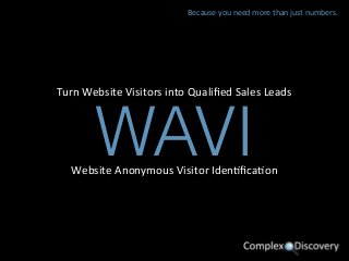 WAVIWebsite	Anonymous	Visitor	Iden2ﬁca2on
Turn	Website	Visitors	into	Qualiﬁed	Sales	Leads
Because	you	need	more	than	just	numbers.
 