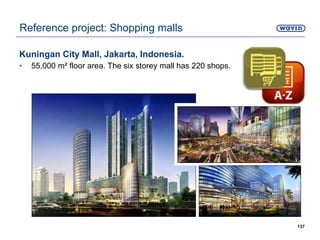 Kuningan City Mall, Jakarta, Indonesia.
• 55,000 m² floor area. The six storey mall has 220 shops.
137
Reference project: Shopping malls
 