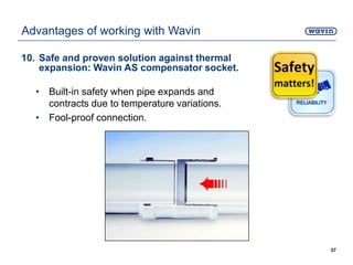 10. Safe and proven solution against thermal
expansion: Wavin AS compensator socket.
• Built-in safety when pipe expands and
contracts due to temperature variations.
• Fool-proof connection.
37
Advantages of working with Wavin
 