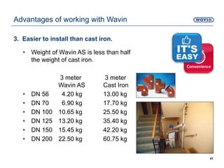 3. Easier to install than cast iron.
• Weight of Wavin AS is less than half
the weight of cast iron.
3 meter 3 meter
Wavin AS Cast Iron
• DN 56 4.20 kg 13.00 kg
• DN 70 6.90 kg 17.70 kg
• DN 100 10.65 kg 25.50 kg
• DN 125 13.20 kg 35.40 kg
• DN 150 15.45 kg 42.20 kg
• DN 200 22.50 kg 60.75 kg
41
Advantages of working with Wavin
 