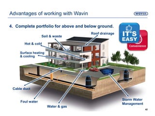 4. Complete portfolio for above and below ground.
42
Advantages of working with Wavin
Roof drainage
Soil & waste
Hot & cold
Surface heating
& cooling
Foul water
Storm Water
Management
Water & gas
Cable duct
 