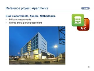 Blok 3 apartments, Almere, Netherlands.
• 80 luxury apartments
• Stores and a parking basement.
59
Reference project: Apartments
 
