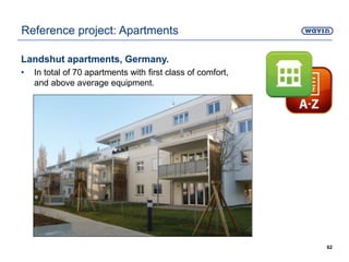 Landshut apartments, Germany.
• In total of 70 apartments with first class of comfort,
and above average equipment.
62
Reference project: Apartments
 