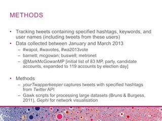 METHODS
• Tracking tweets containing specified hashtags, keywords, and
user names (including tweets from these users)
• Da...