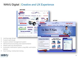 WAVU Digital | Creative and UX Experience
                             BEFORE




                                                         AFTER




   Landing page design
   Custom web design
   Custom content management system
   SEO technical consulting and implementation
   Mobile web site development
   Automatic notification system using XML and mobile
    devices
   User testing, multivariate testing

                                                                 10
 